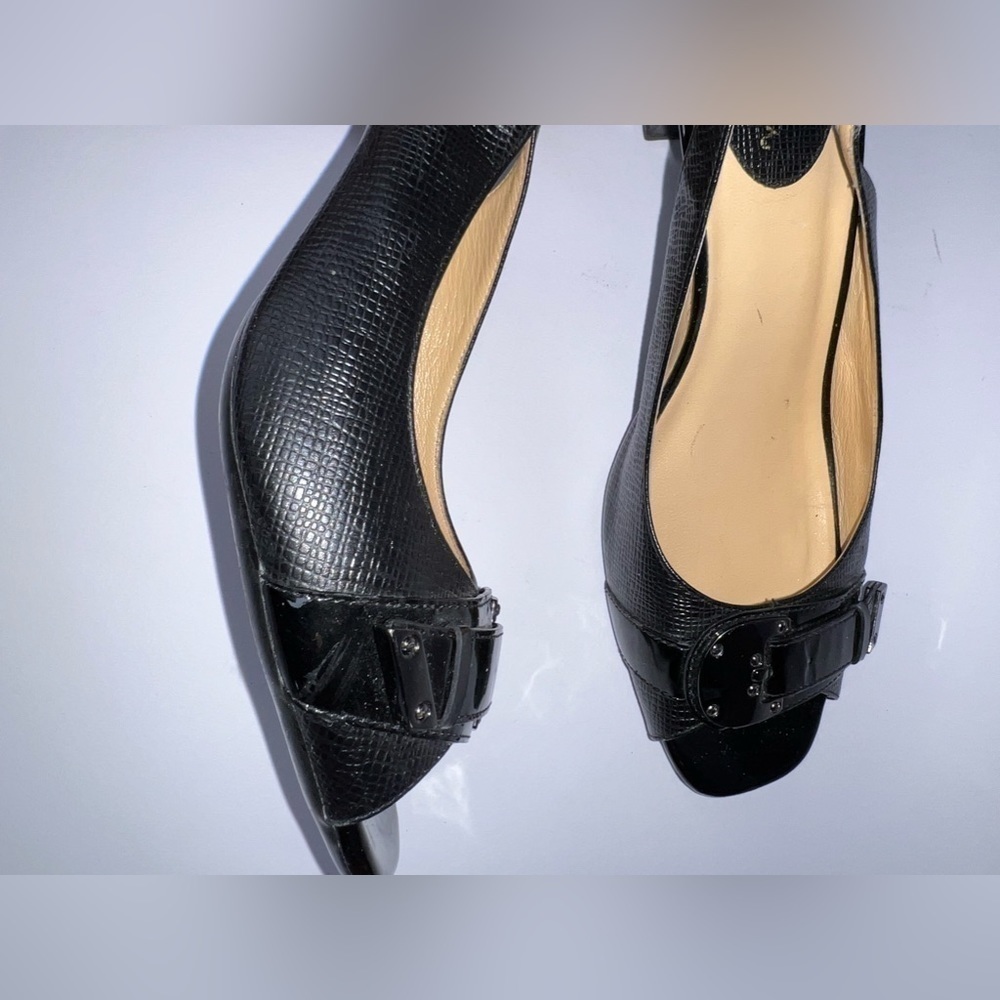 Cole Haan Womens 9 1/2 Black Leather Peep Toe Nike Air Heels Pumps 9.5 Buckle - Picture 12 of 15